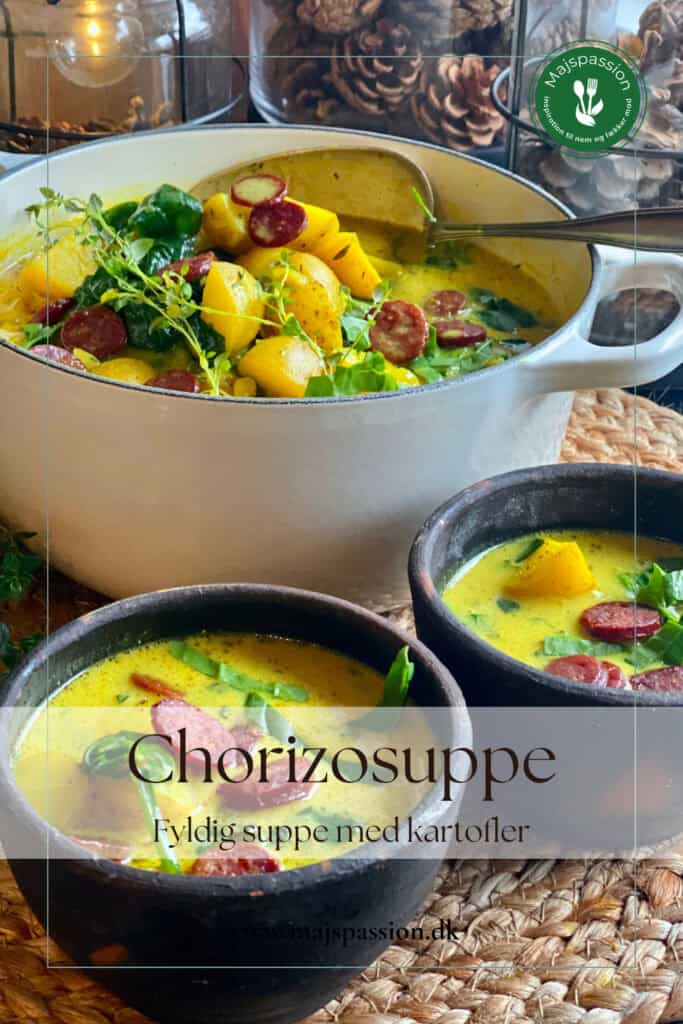 Chorizosuppe - krydret spansk suppe med chorizopølse, kartofler og grøntsager.