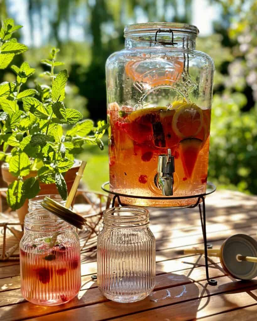 Opskrift på sommerlig hyldeblomstdrik med frugt og masser af is