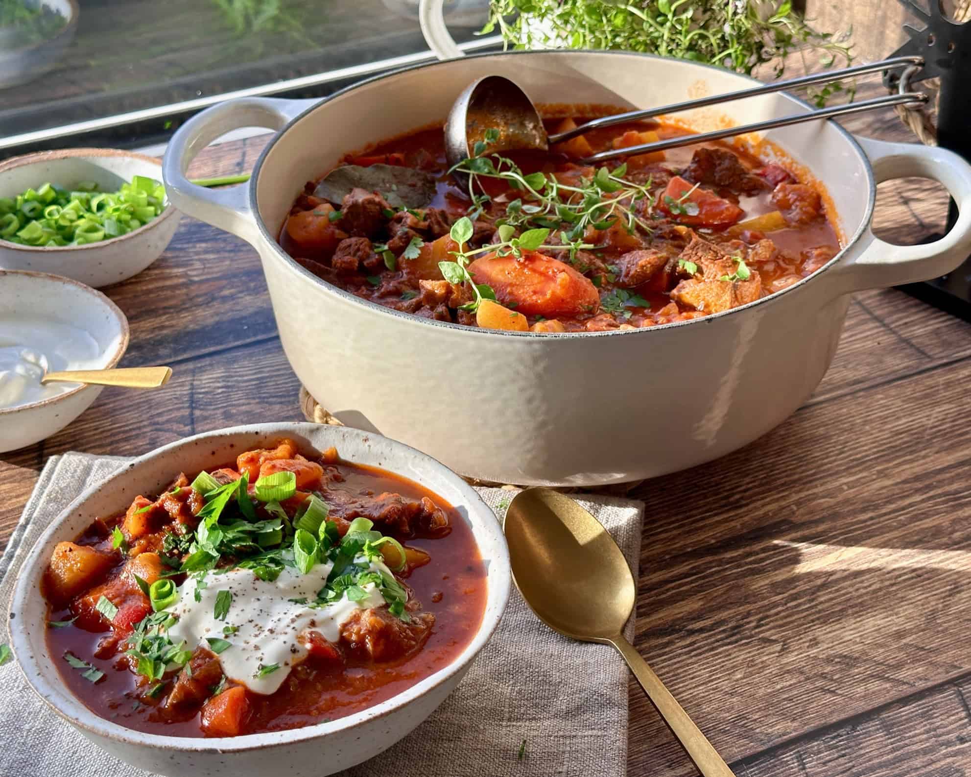 Hjemmelavet gullash suppe i gryde og med servering i skål med creme fraiche og grøn topping