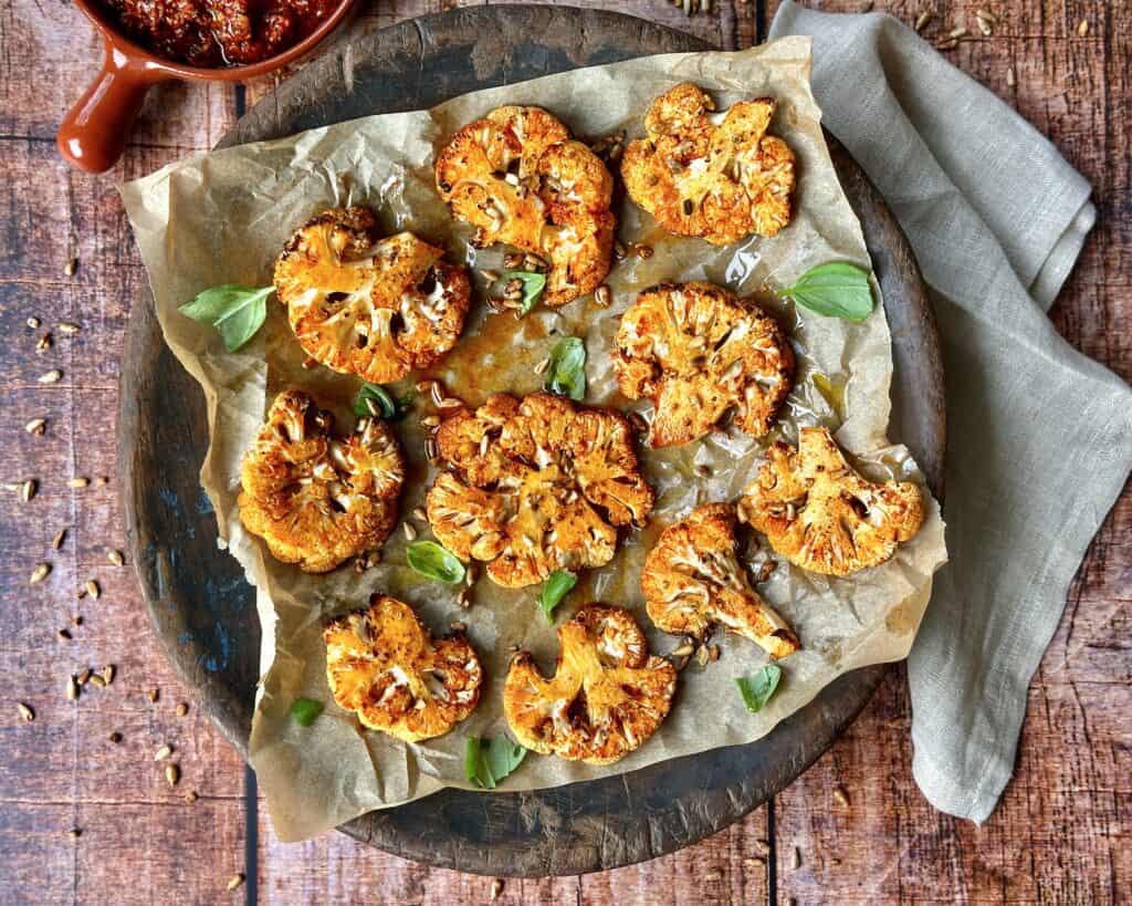 Bagt blomkål i skiver krydret med parmesan.