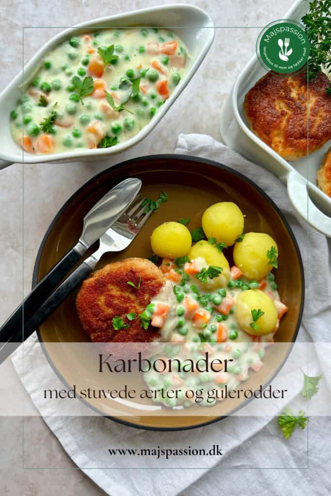 Karbonader med stuvede ærter og gulerødder.