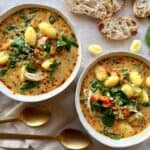 Kyllingesuppe - Hjemmelavet suppe med kylling, grøntsager, gnocchi og kokosmælk.