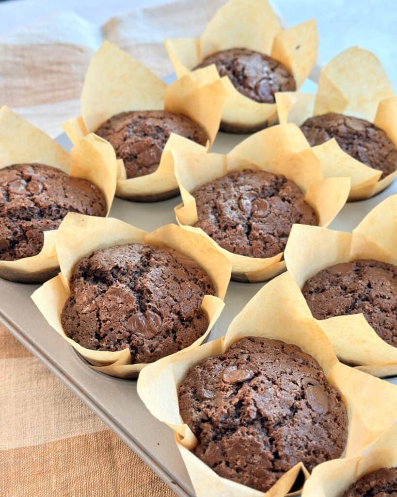 Chokolademuffins - Hjemmelavede svampede muffins med chokolade.