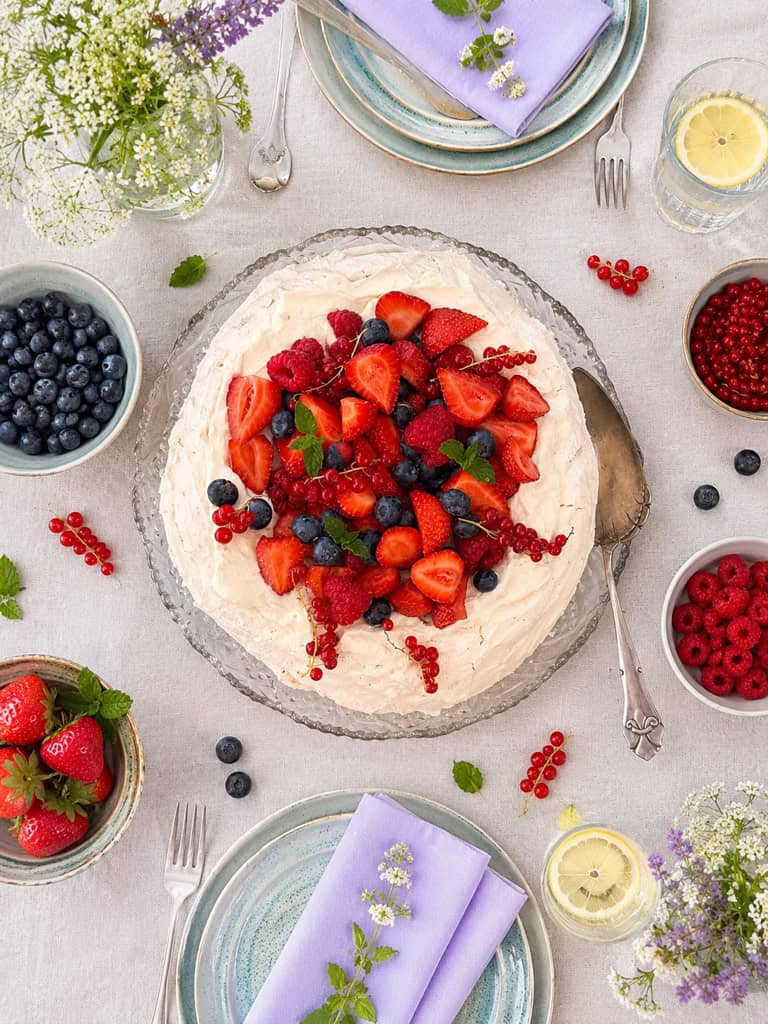 Pavlova med vaniljeskum og friske bær