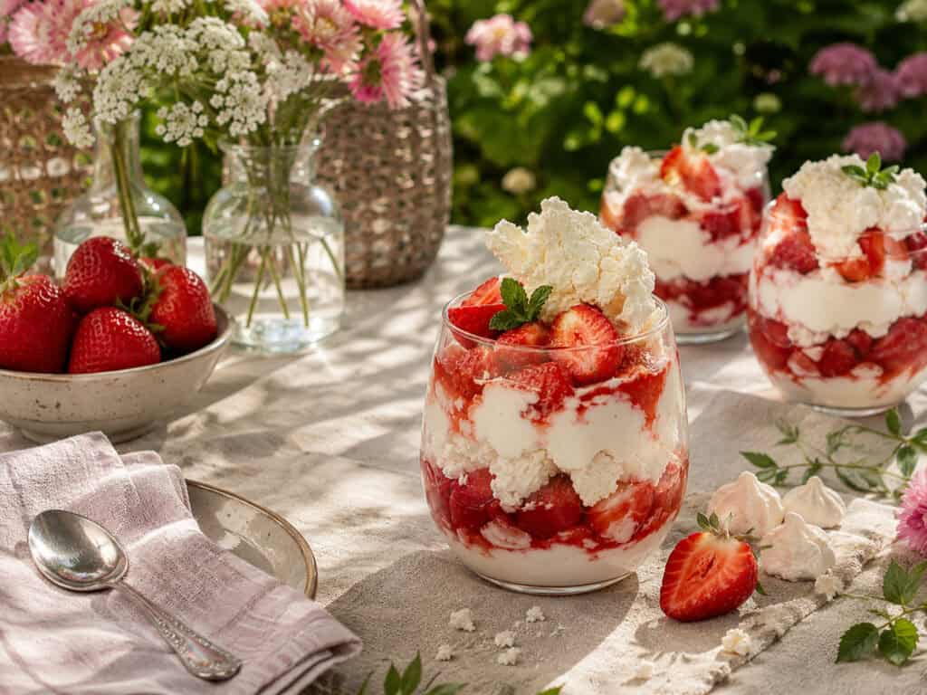 Eton mess - dessert med jordbær, flødeskum og sprød marengs.