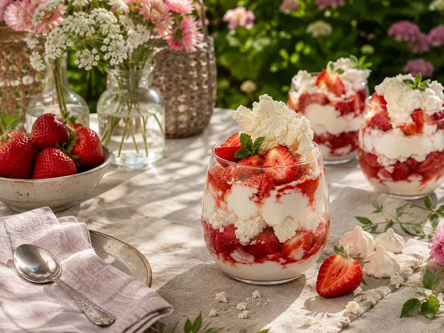 Eton mess - dessert med jordbær, flødeskum og sprød marengs.