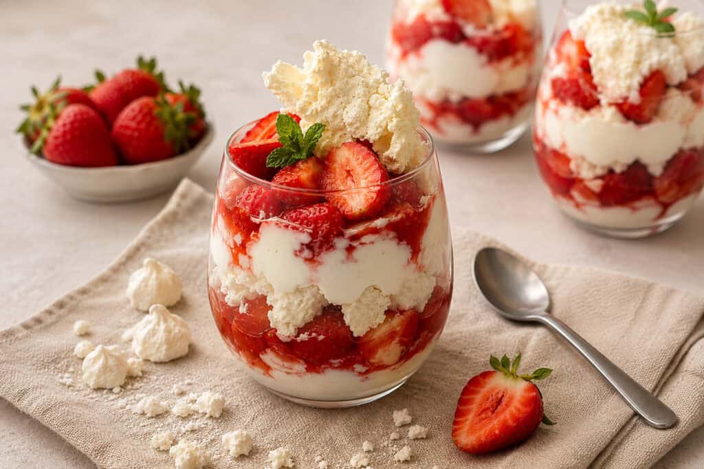 Eton mess - dessert med jordbær, flødeskum og sprød marengs.
