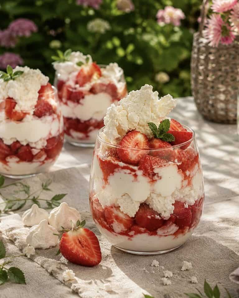 Eton mess - dessert med jordbær, flødeskum og sprød marengs.