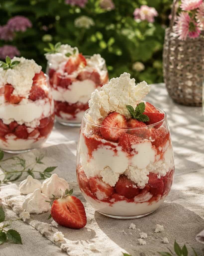 Eton mess - dessert med jordbær, flødeskum og sprød marengs.