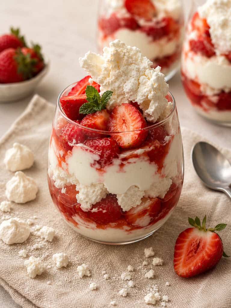 Eton mess - dessert med jordbær, flødeskum og sprød marengs.