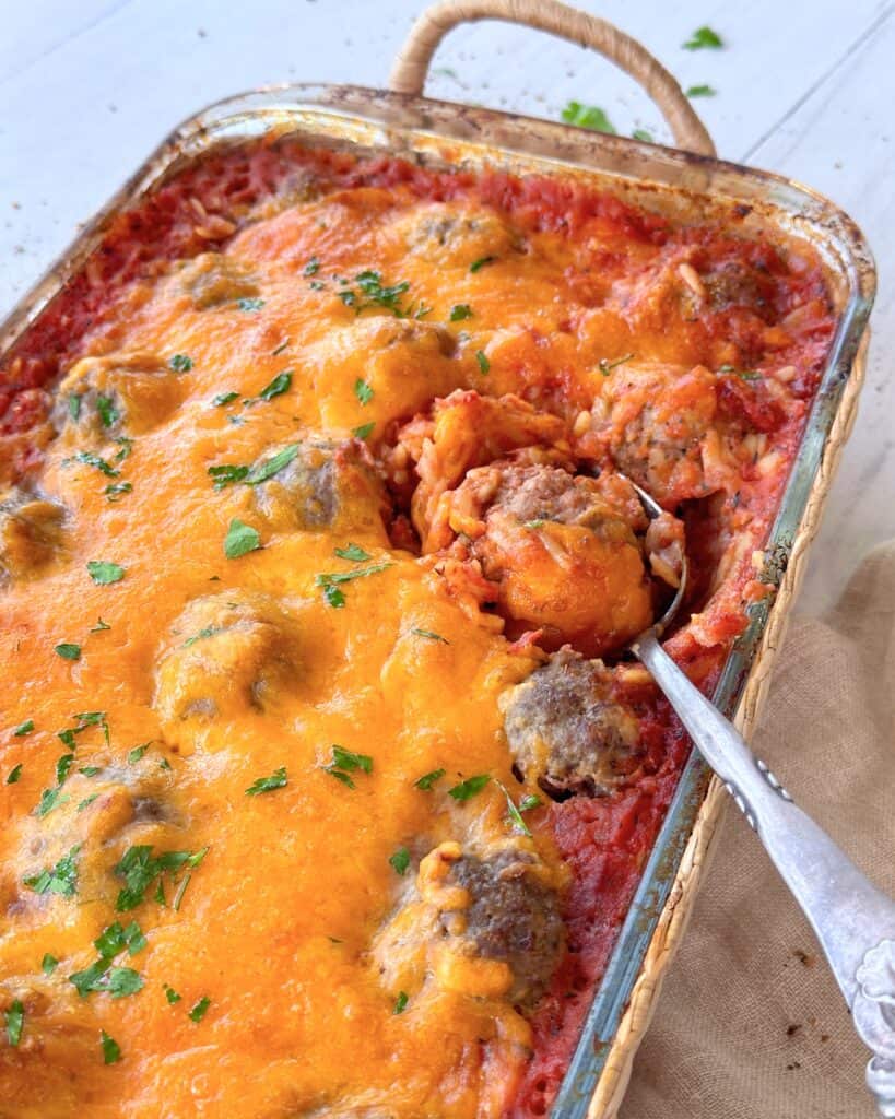 Pastafad med kødboller og tomatsauce.